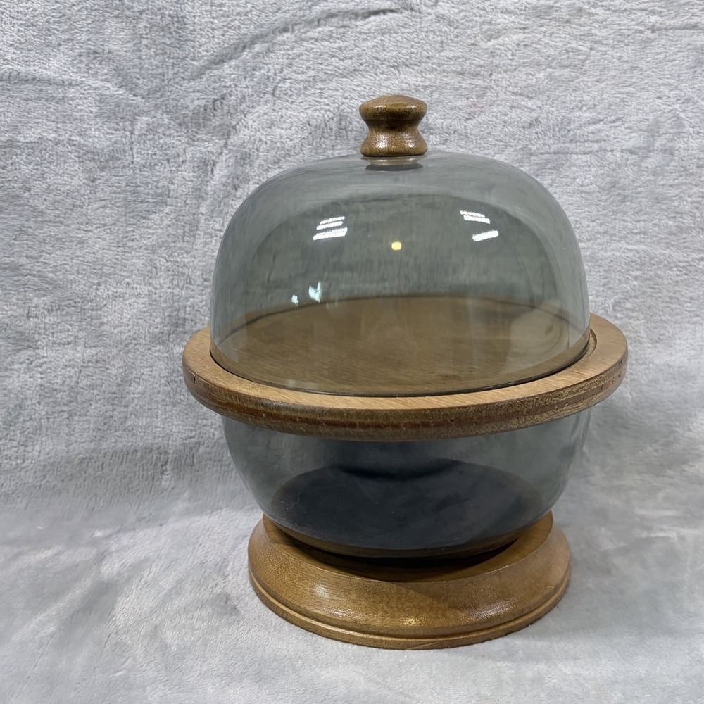 Vintage MCM Smoked Plastic Dome Cloche Wood Pedestal Cheese Server Bowl 8.5"